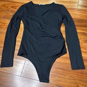 Mangopop Long Sleeve Bodysuit Black V Neck Wrap Front Snap Closure Ruched Casual